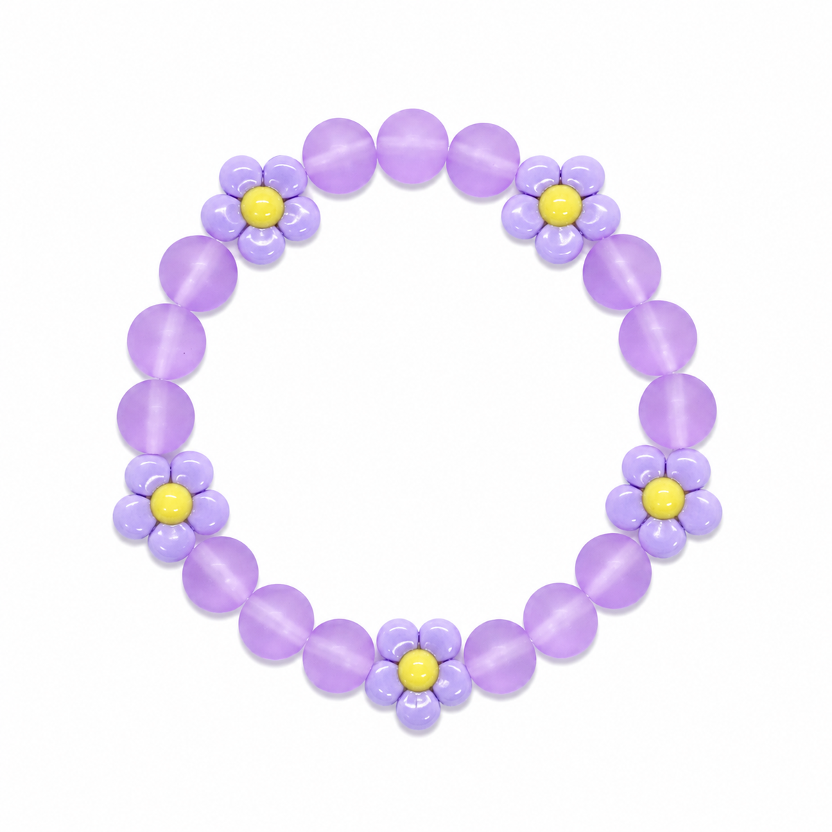 Purple Pixie Bracelet with lavender moonglow beads and purple daisy flower charms