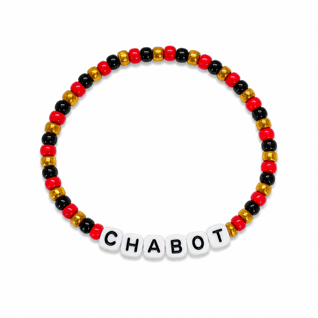 Custom Fan Favourite Bracelet in red, black and gold beads with player name in white letter beads