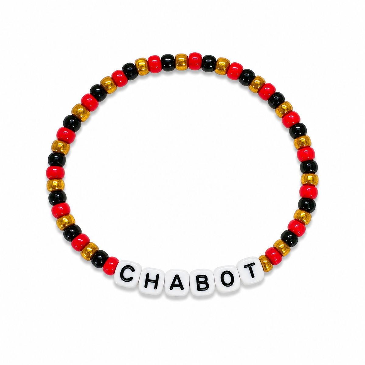 Custom Fan Favourite Bracelet in red, black and gold beads with player name in white letter beads