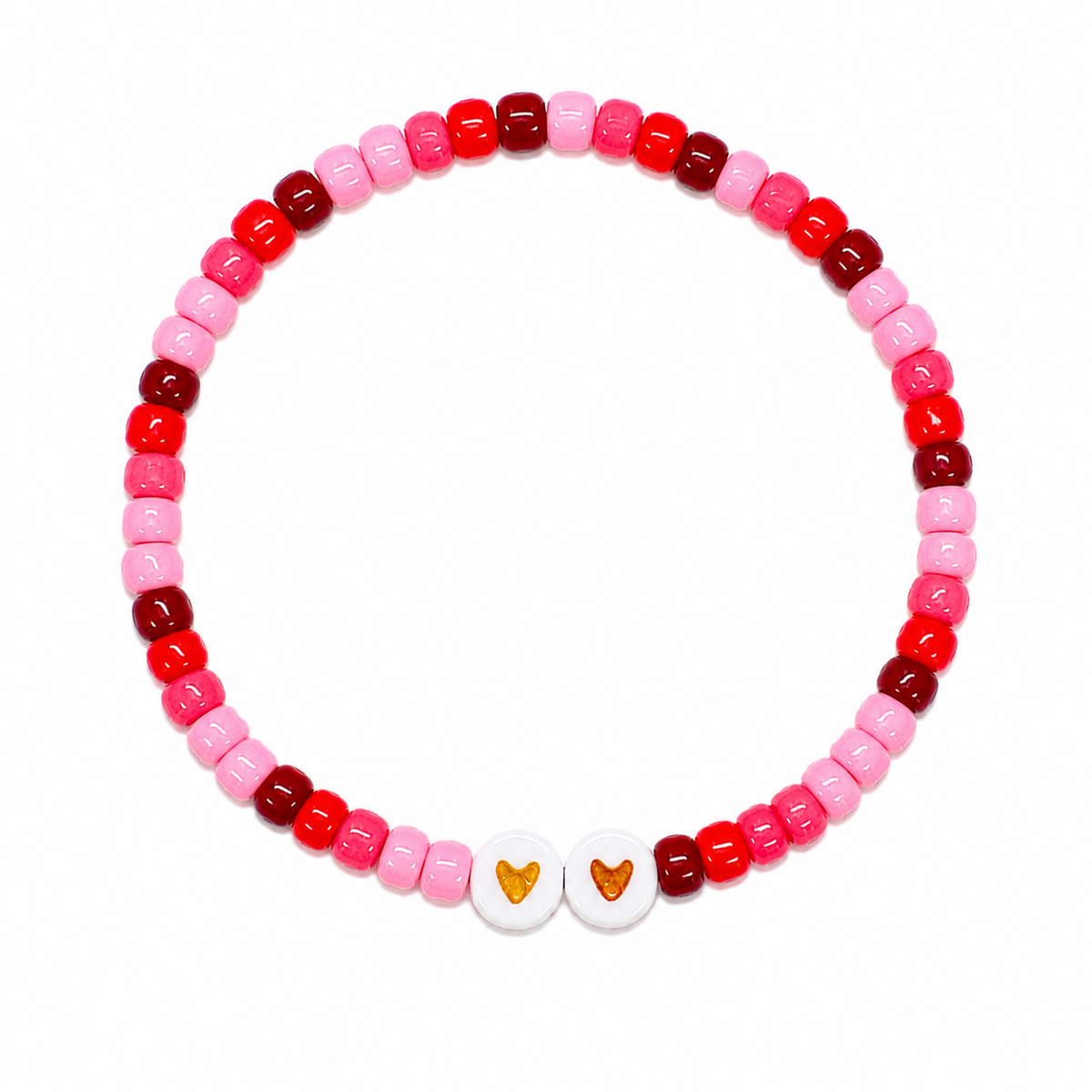 Double Tap beaded bracelet with red, hot pink, soft pink, and burgundy beads and two white beads with golden hearts