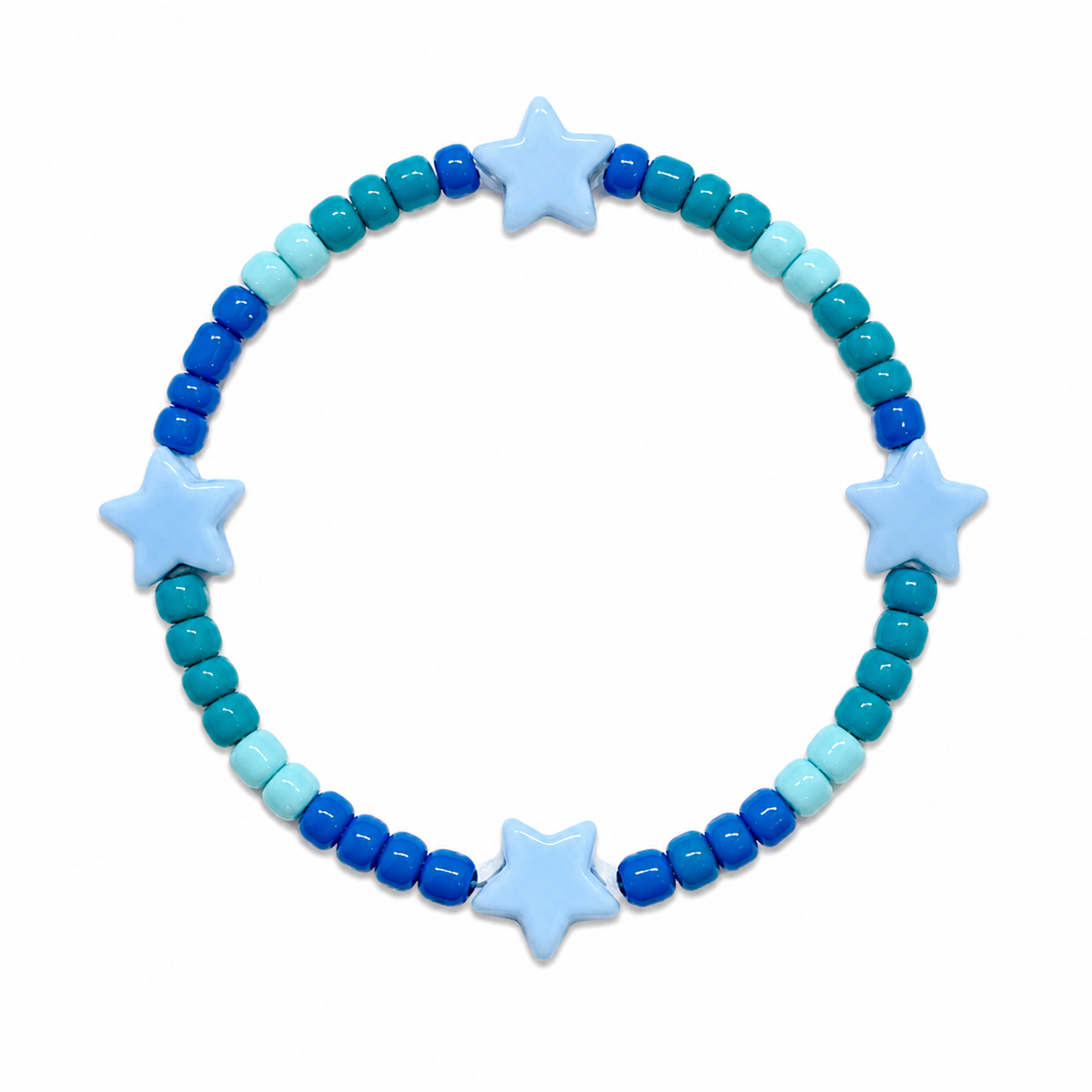 Brody Blue beaded bracelet with royal blue, teal, and sky blue beads and four powder blue star charms