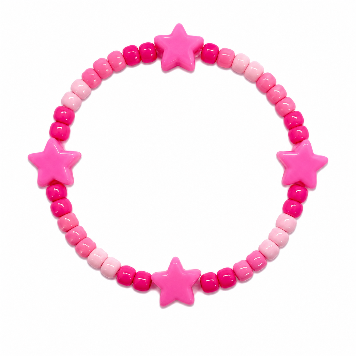 Pretty in Pink beaded bracelet with hot pink and soft pink beads and four hot pink star charms
