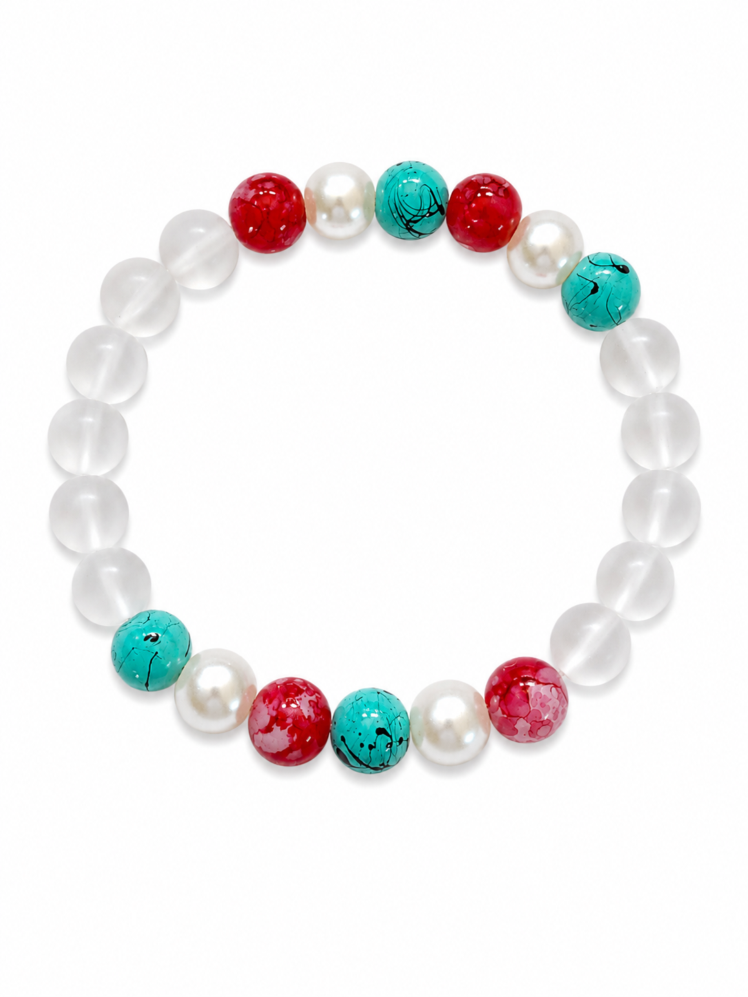 Meteor Shower beaded bracelet with frosted white beads and turquoise and red marbled accent beads