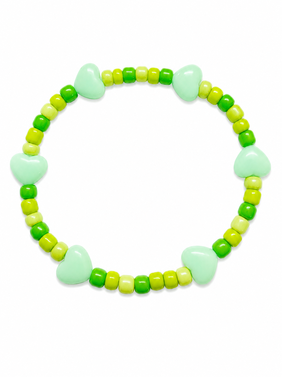 French Mint beaded bracelet with lime and green beads and mint heart charms