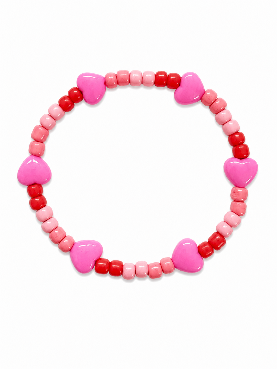 Candy Hearts beaded bracelet with pink and red beads and bright pink heart charms