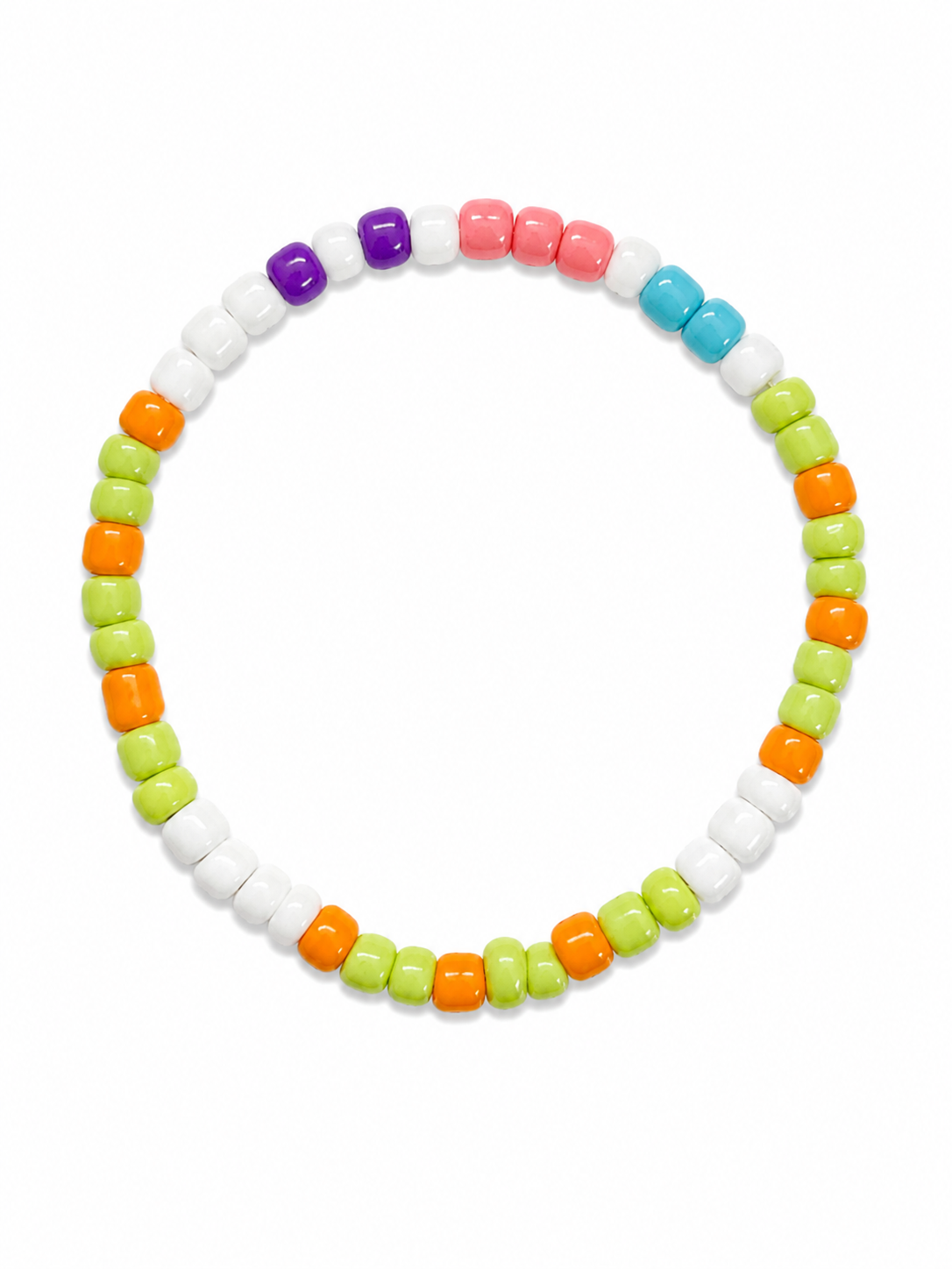 Colour Wheel beaded bracelet with lime green, orange, white, purple, pink, and turquoise beads