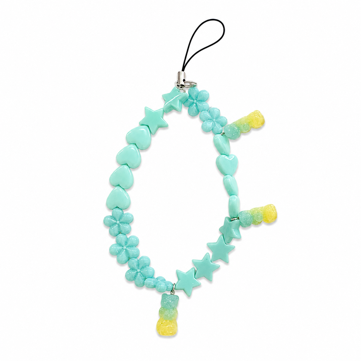 Bear Necessities bag charm with mint teal gummy bear, heart, star, and flower charms on a beaded strand