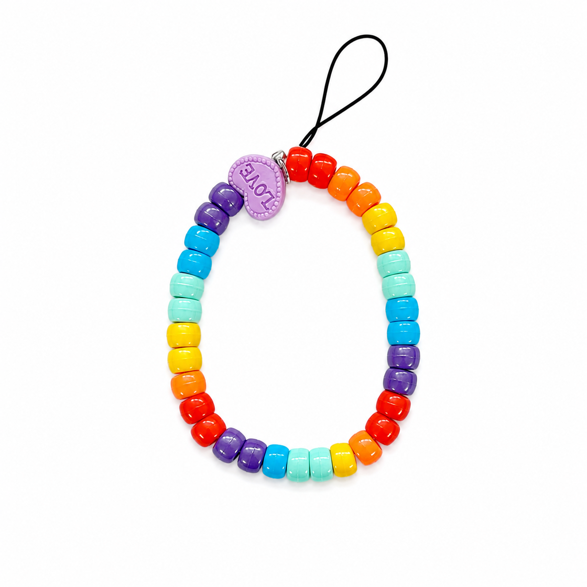 Love Out Loud bag charm with rainbow pony beads and a purple LOVE heart charm