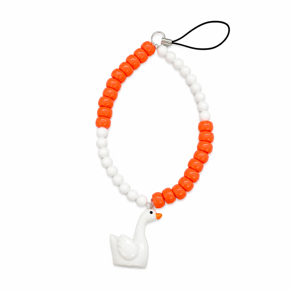 Silly Goose bag charm with white goose charm and orange and white pony beads