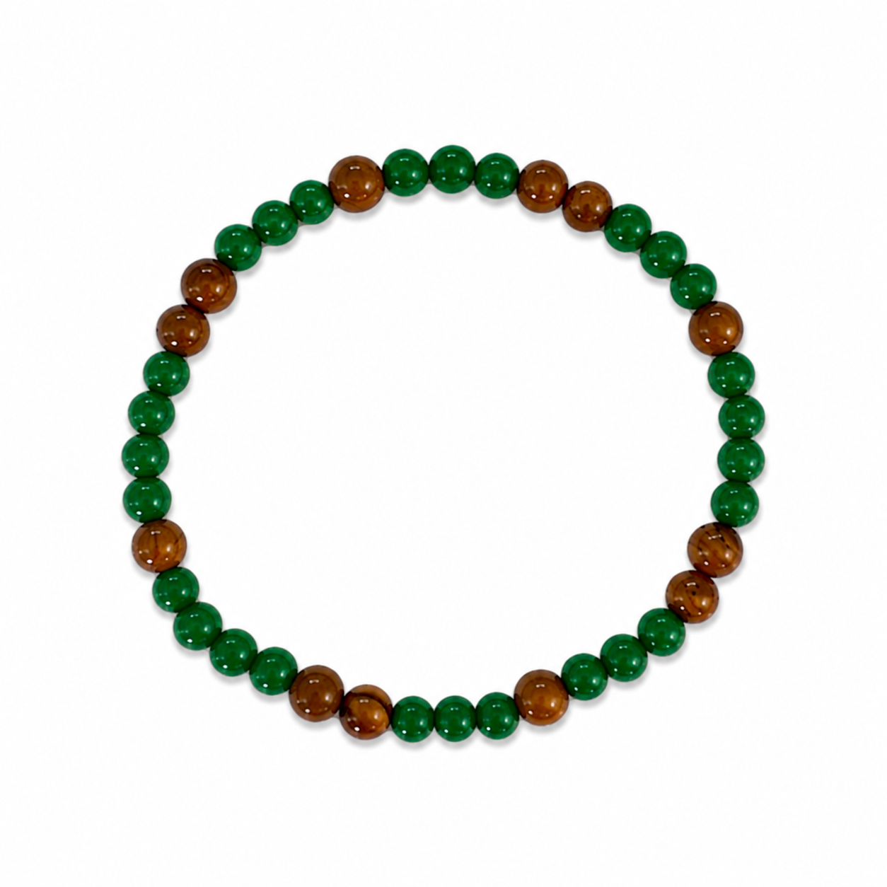 Clover & Cookie Bracelet with alternating emerald green and amber brown beads