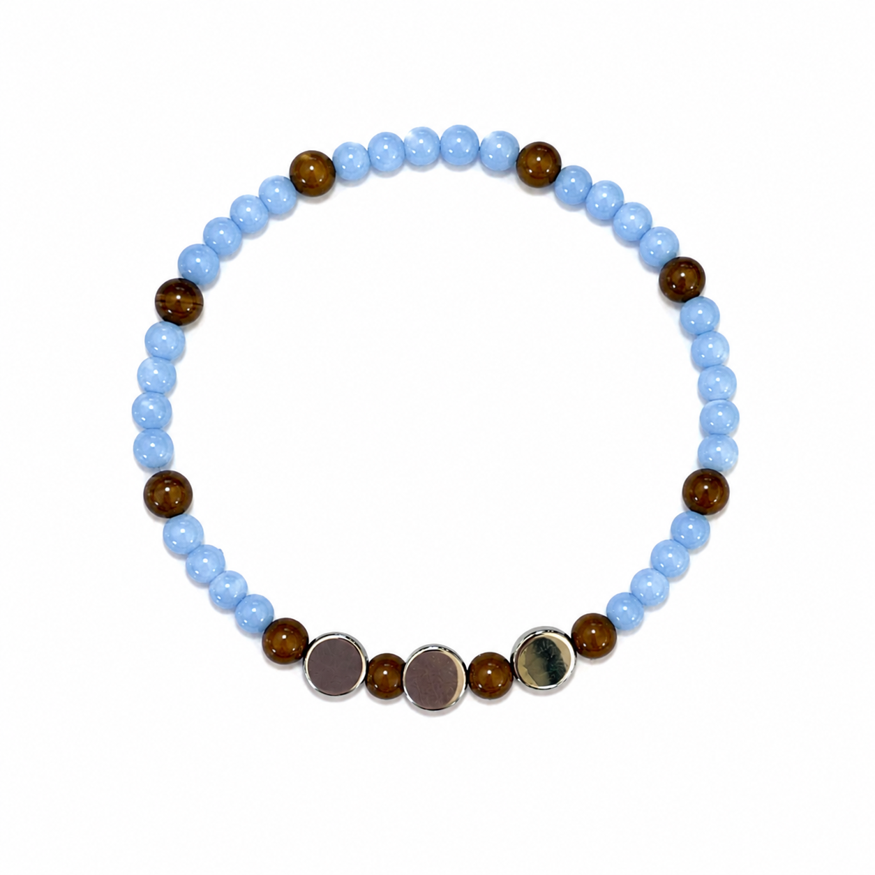 Coin & Cloud Bracelet with periwinkle blue beads, tiger's eye brown beads, and silver disc charms