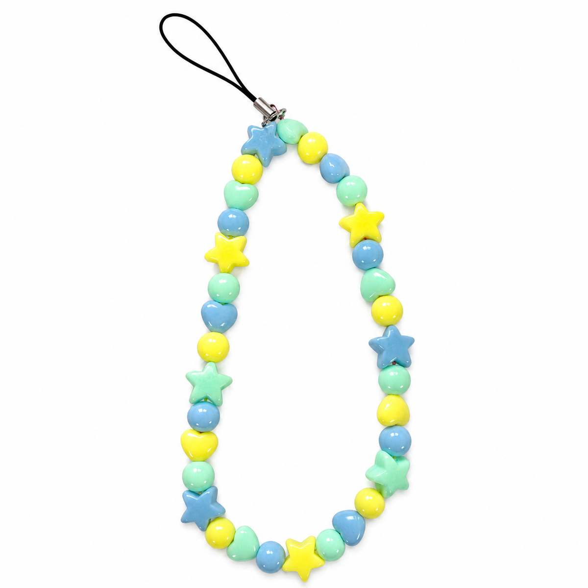 Star Struck Phone Charm with yellow star beads and mint green and periwinkle blue round beads