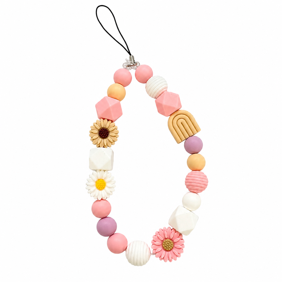 Sunday Market Bag Charm with pink, peach, lavender and white beads in mixed shapes with flower and rainbow accents