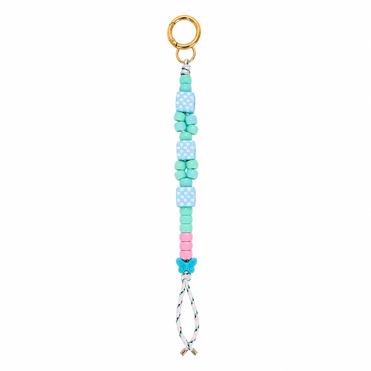 Poolside Picnic Bag Charm with mint teal and pink beads and blue checkerboard cubes