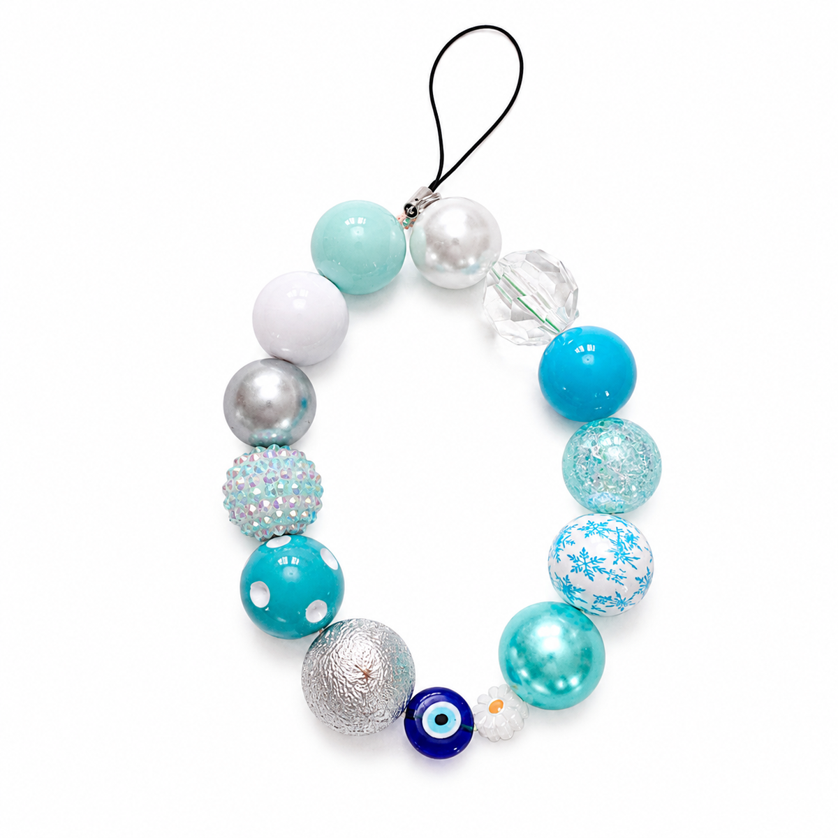Icy Daydream Bag Charm with teal mint silver and crystal beads and snowflake evil eye and daisy details