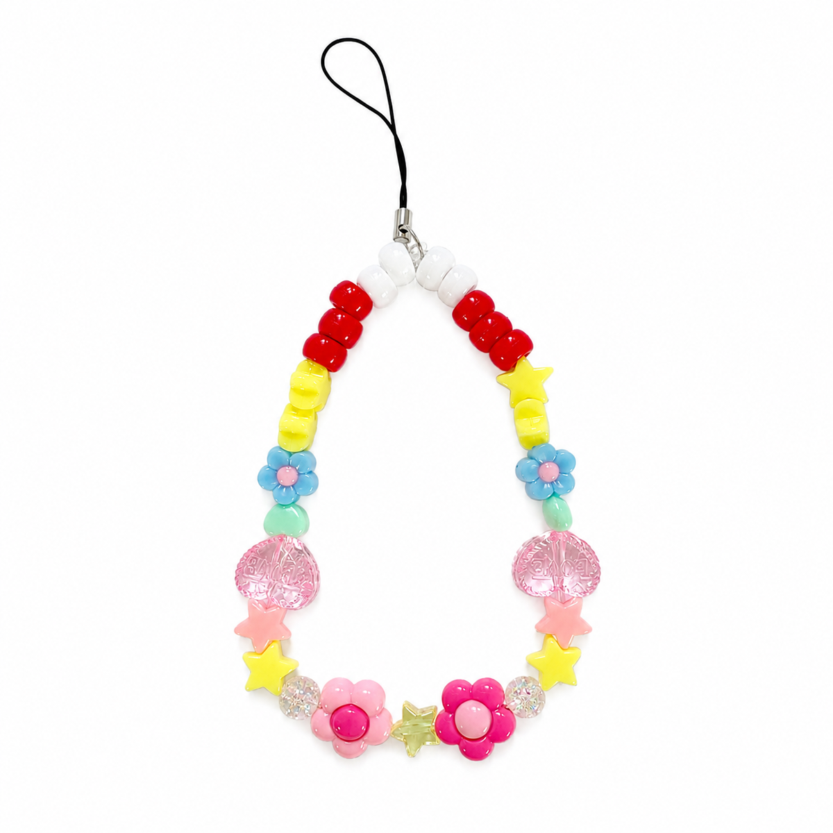 Party Starter Bag Charm with red, yellow, blue, pink and clear flower, star and round beads
