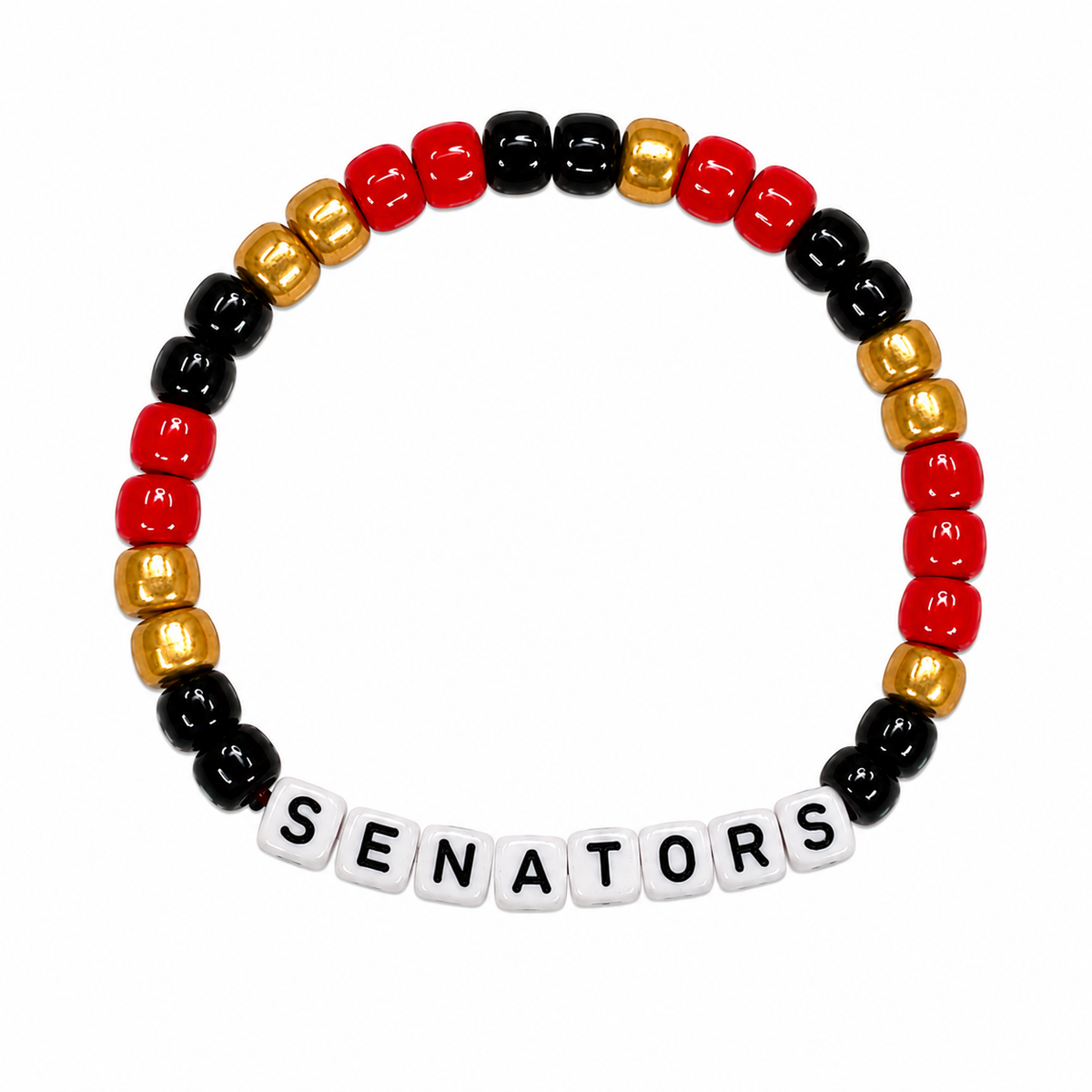 Rink Side Bracelet with red, black and gold pony beads and SENATORS letter cubes