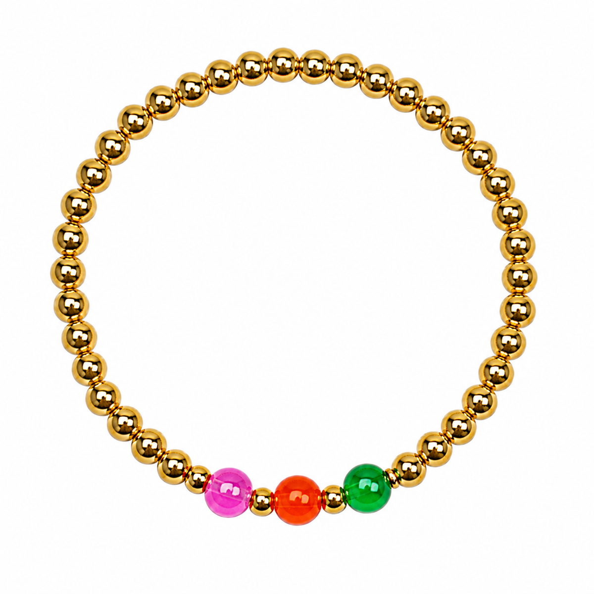 Trio Shine Bracelet with gold beads and pink orange and green centre beads