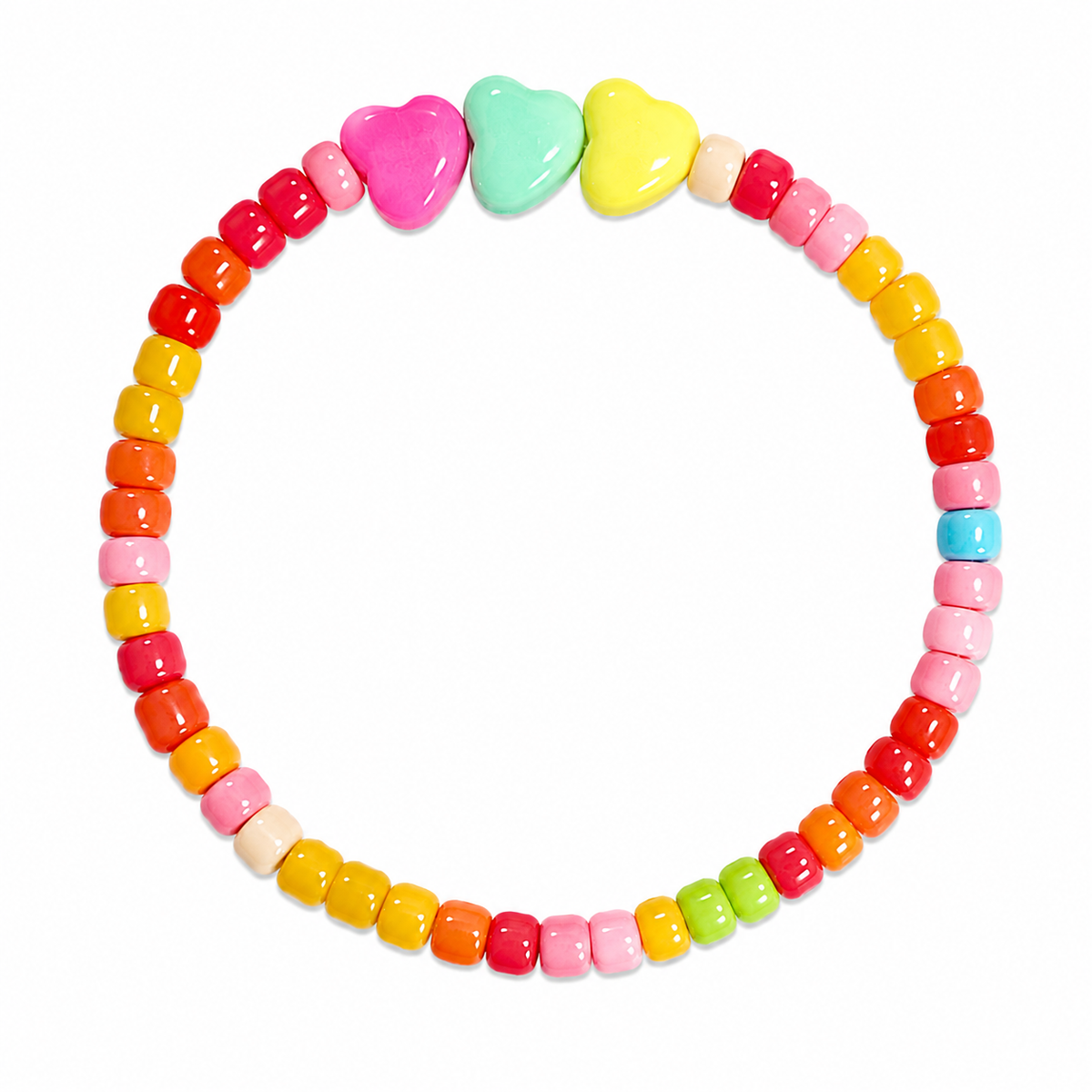 Sweet Hearts Bracelet with three pastel heart beads in pink mint and yellow with colourful pony beads