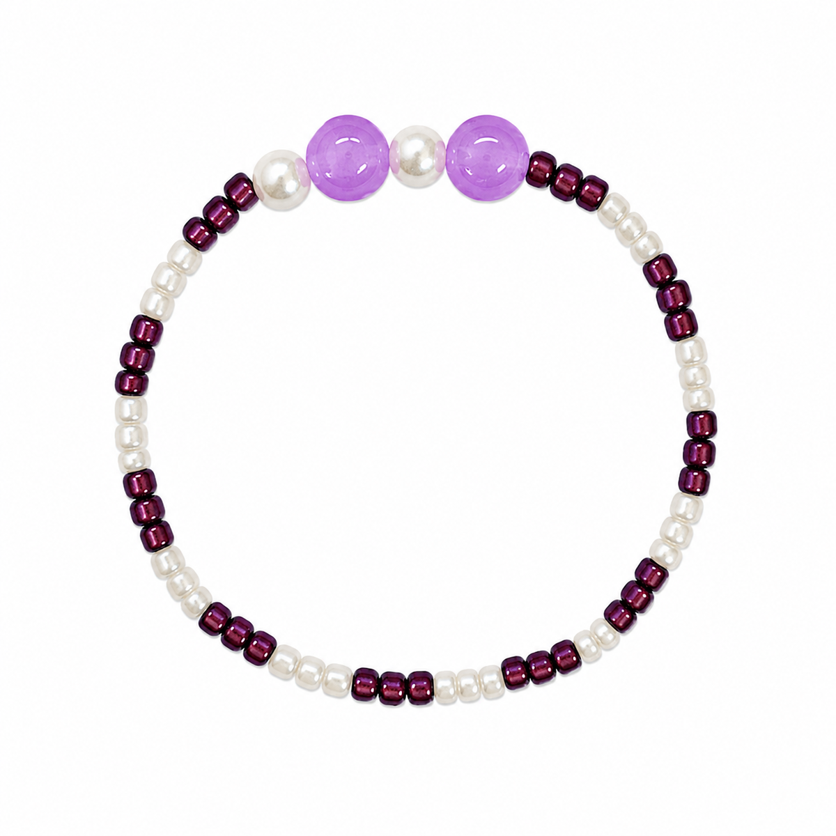 Lavender Lollipop Bracelet with three lavender moonglow beads and alternating pearl white and deep plum seed beads