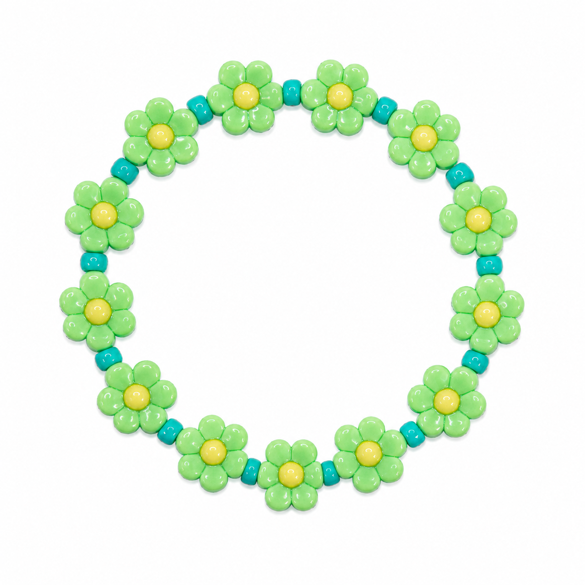 Daisy Days Bracelet with green daisy flower beads and teal accent beads