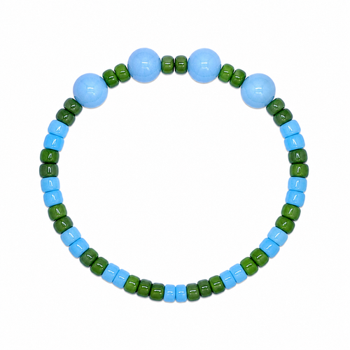 Bluebell Bracelet with sky blue and forest green seed beads and three sky blue moonglow beads