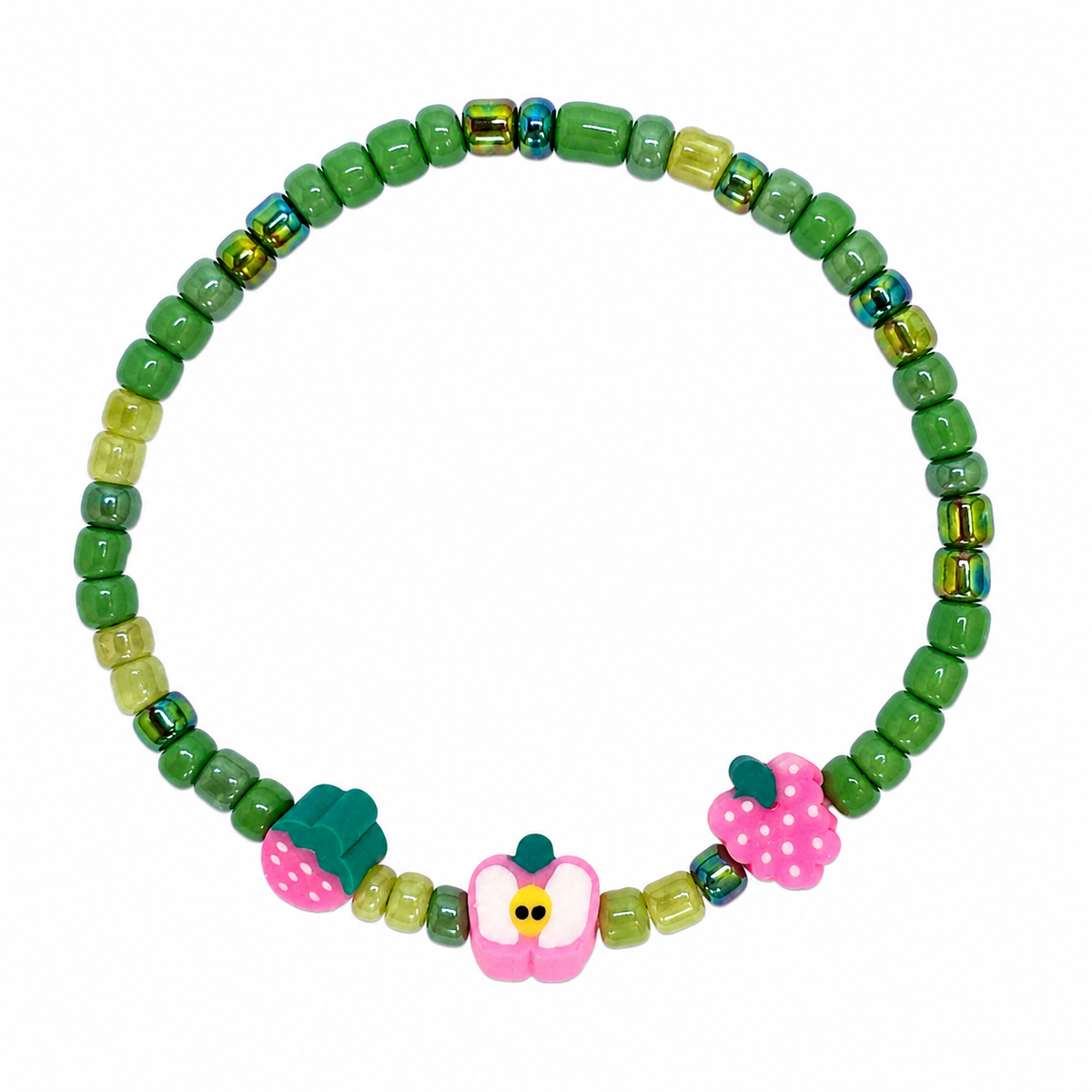 Garden Strawberry Bracelet with green seed beads and three strawberry charms