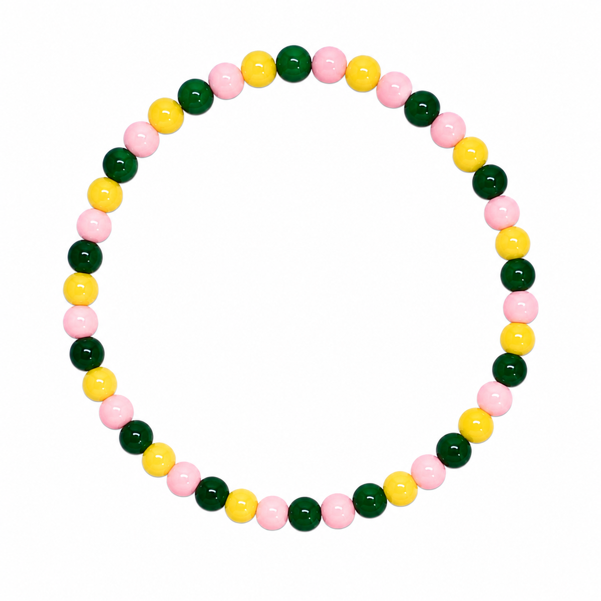 Spring Fling Bracelet with pink, yellow, and dark green round beads in a repeating pattern