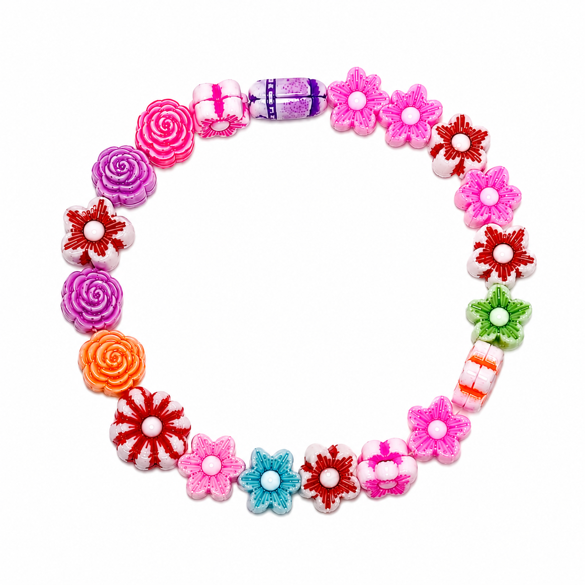 Shoreline Blooms Bracelet with colourful polymer clay flower and rose beads in pink, purple, orange, red, green, and teal