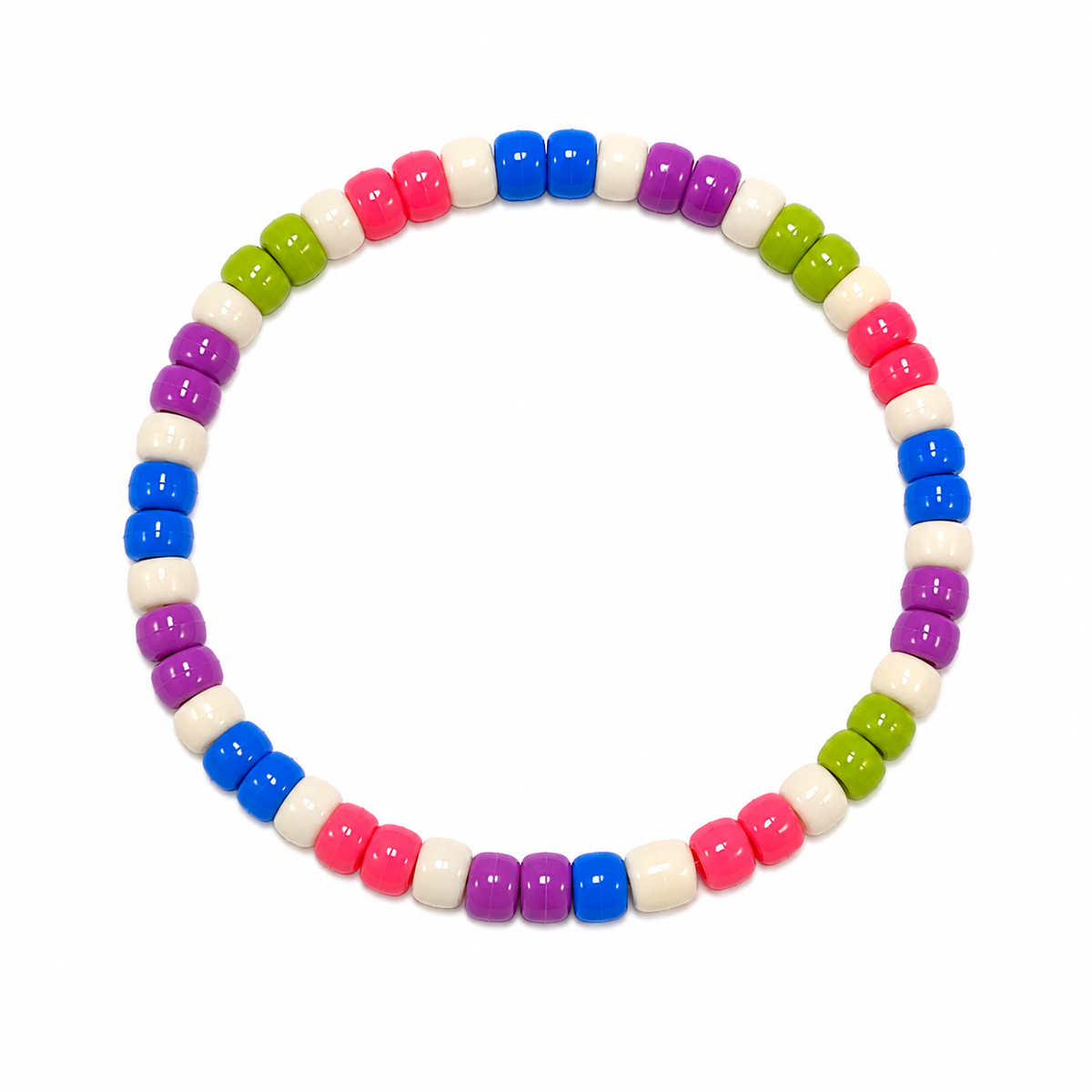 Merry Go Round Bracelet with white, hot pink, blue, purple, and lime green pony beads