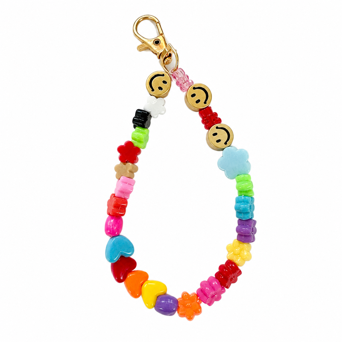 Sunny Bunch Bag Charm with smiley face charms, flower beads, heart beads, and bear beads in bright rainbow colours