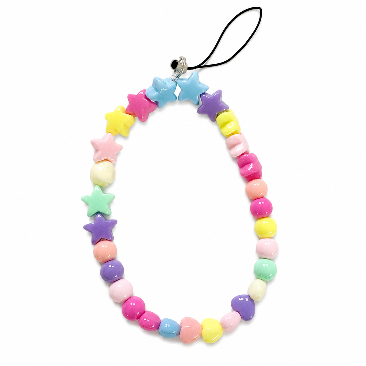 Star Candy Phone Charm with pastel star and heart shaped beads in pink, purple, blue, mint, yellow, and peach
