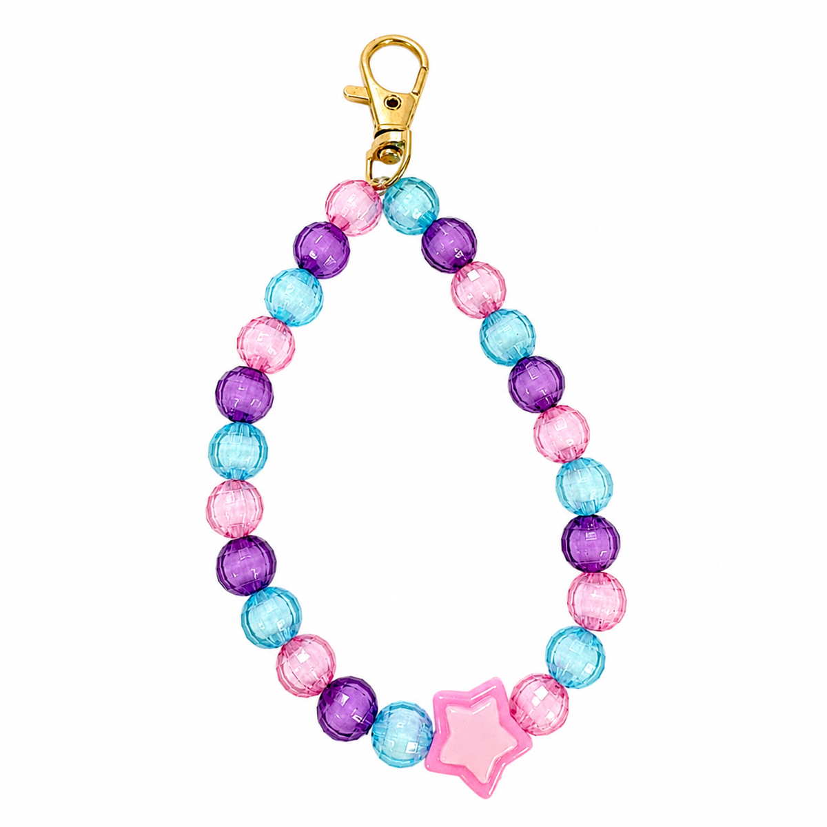 Bubble Star Bag Charm with translucent pink, blue, and purple beads and a pink star charm on a gold lobster clasp