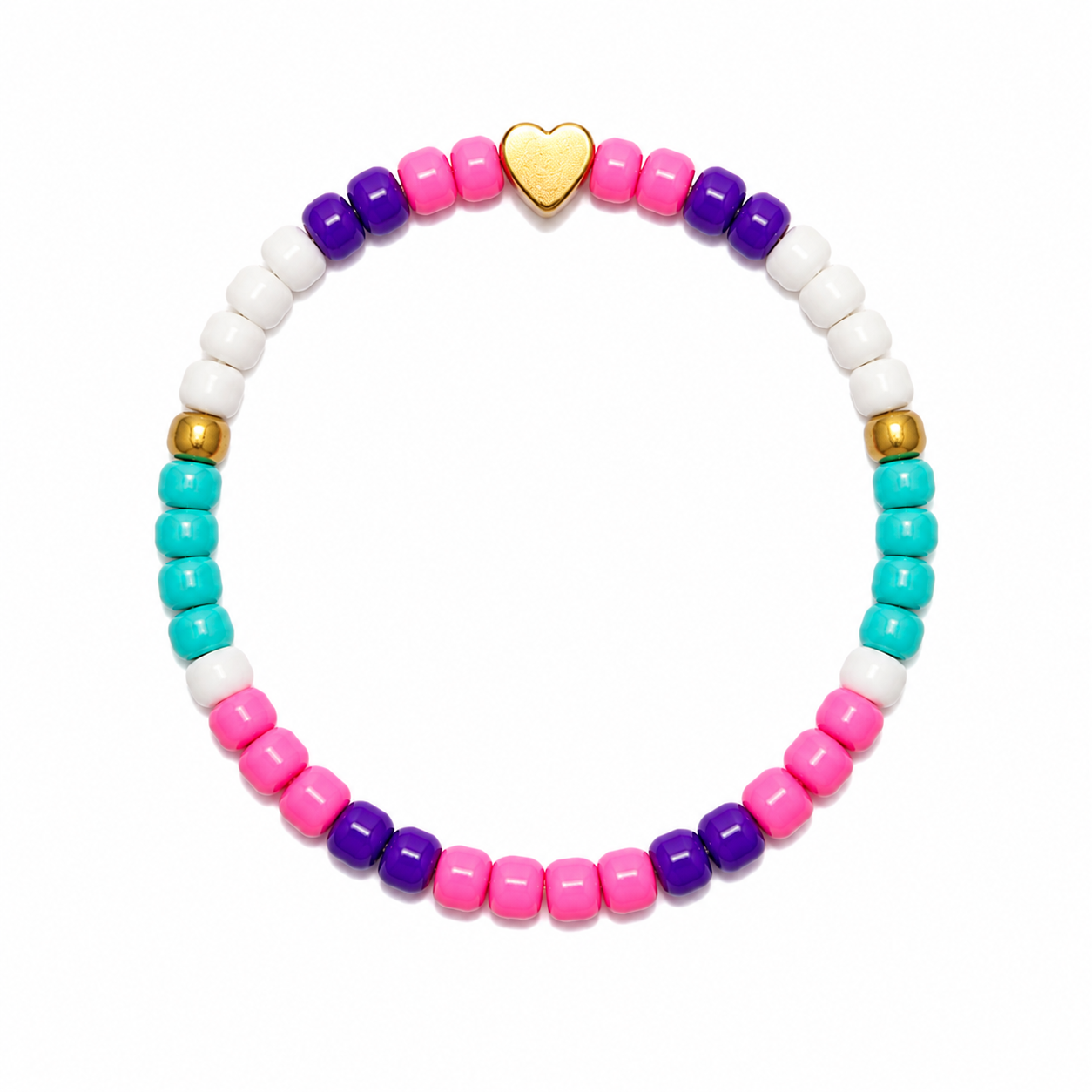 Skip a Beat Bracelet - pink, purple, teal and white beads with a gold heart centrepiece