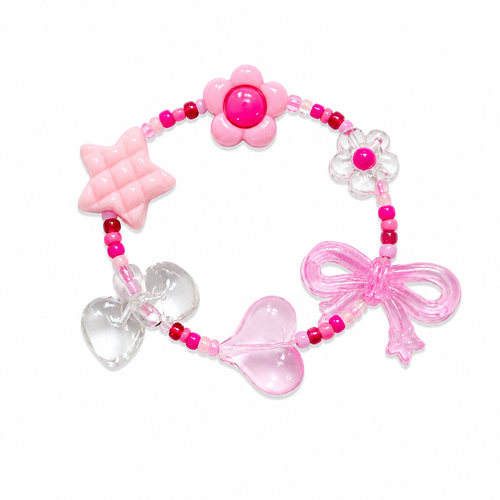 Bowtiful Bracelet featuring a pink bow, star, flower and heart charms on a stretchy band for little wrists