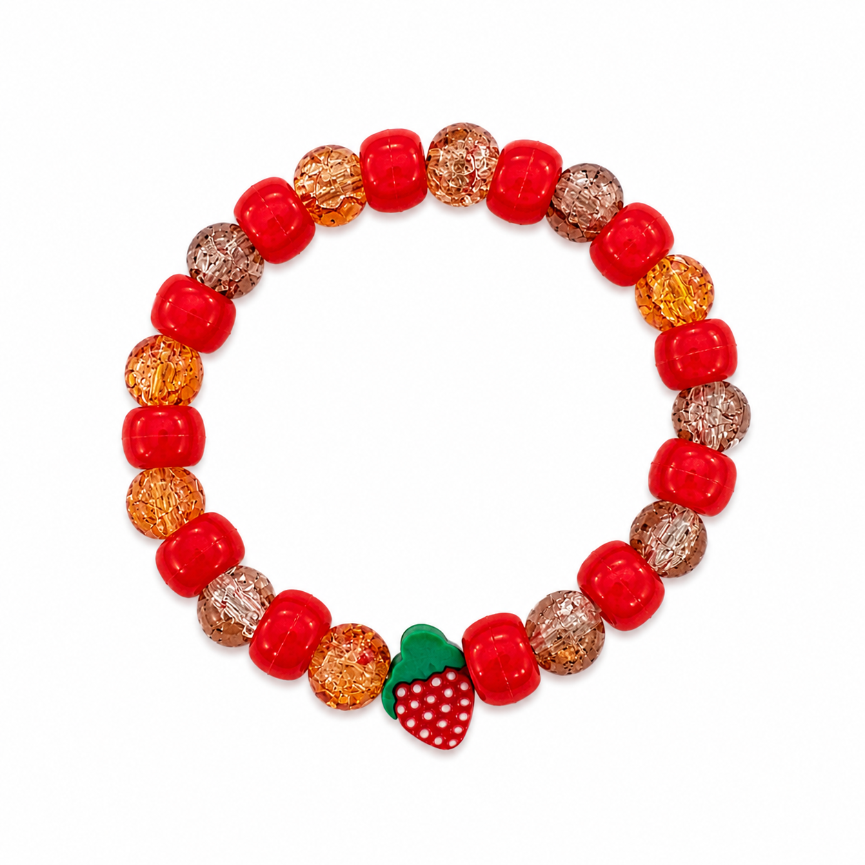 Strawberry Fields Bracelet - red and amber crackle beads with strawberry charm