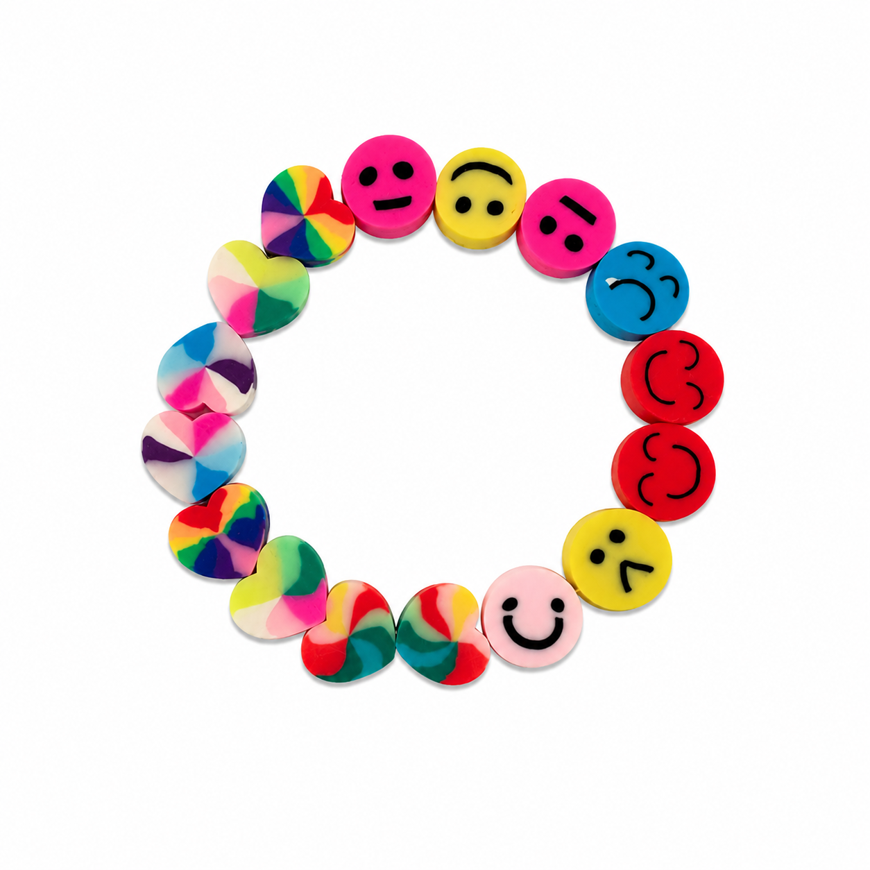 Smile Squad Bracelet - rainbow tie-dye heart beads and colourful emoji face beads