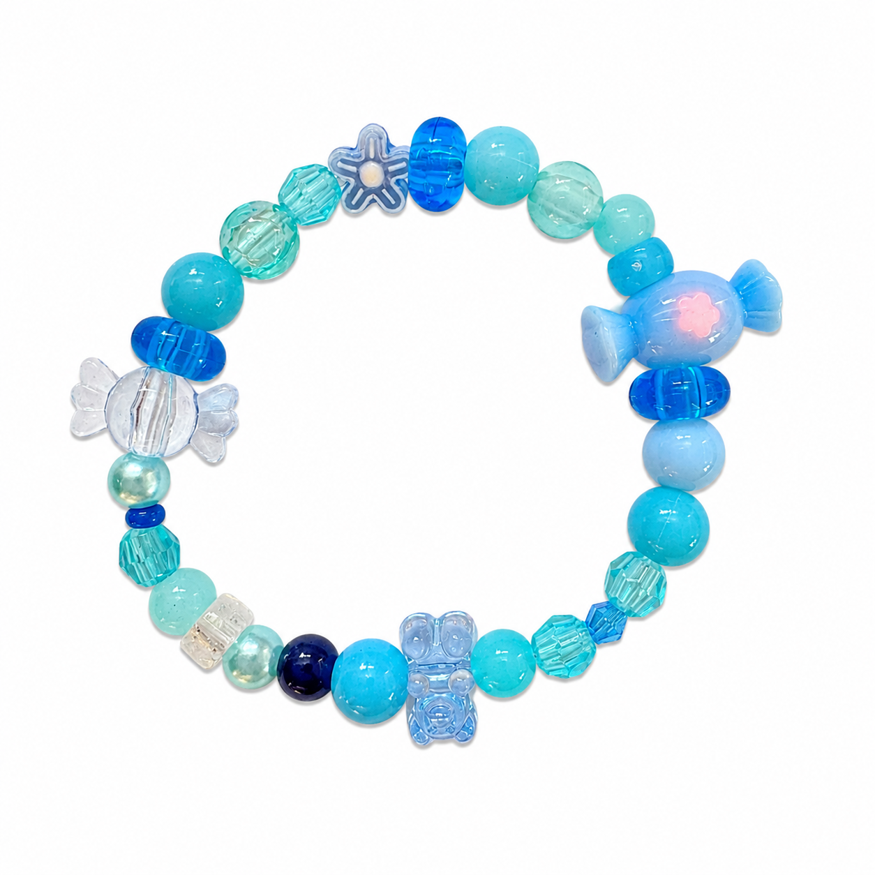 Ocean Candy Bracelet - blue teal and navy beads with candy and gummy bear charms