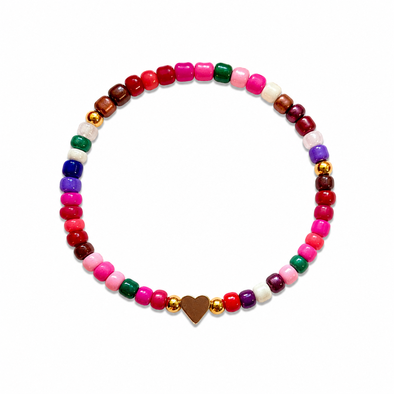 Crayon Box Bracelet - multicolour seed beads with gold beads and gold heart charm