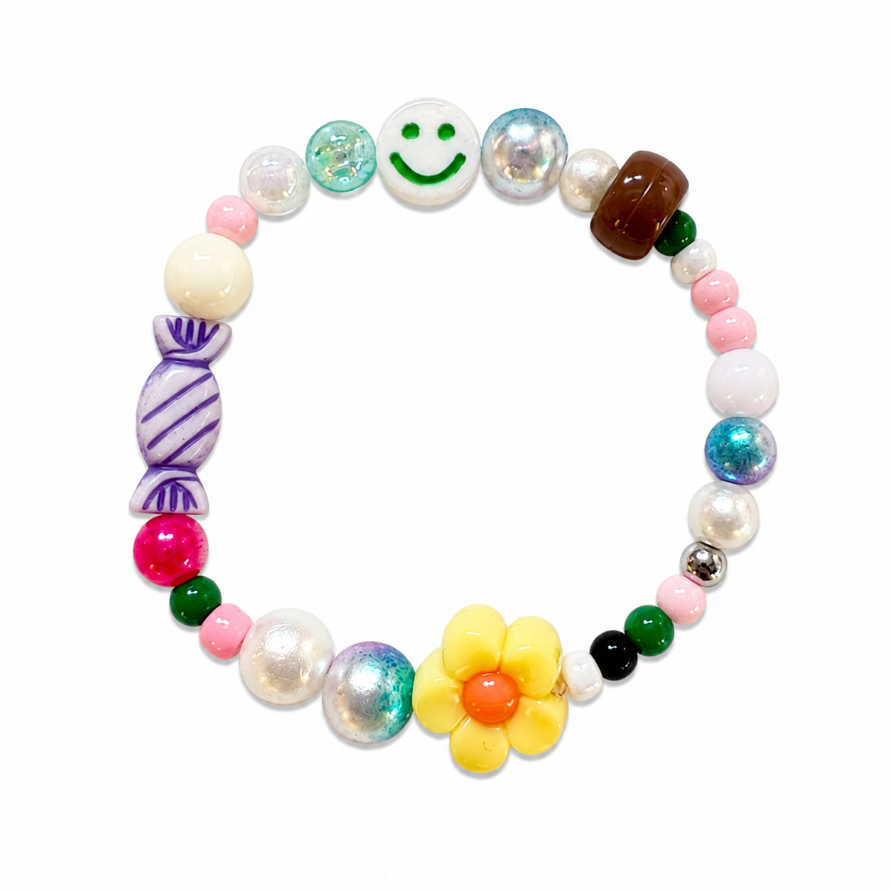 Smile and Shine Bracelet - colourful beads with smiley face, daisy flower and candy charms