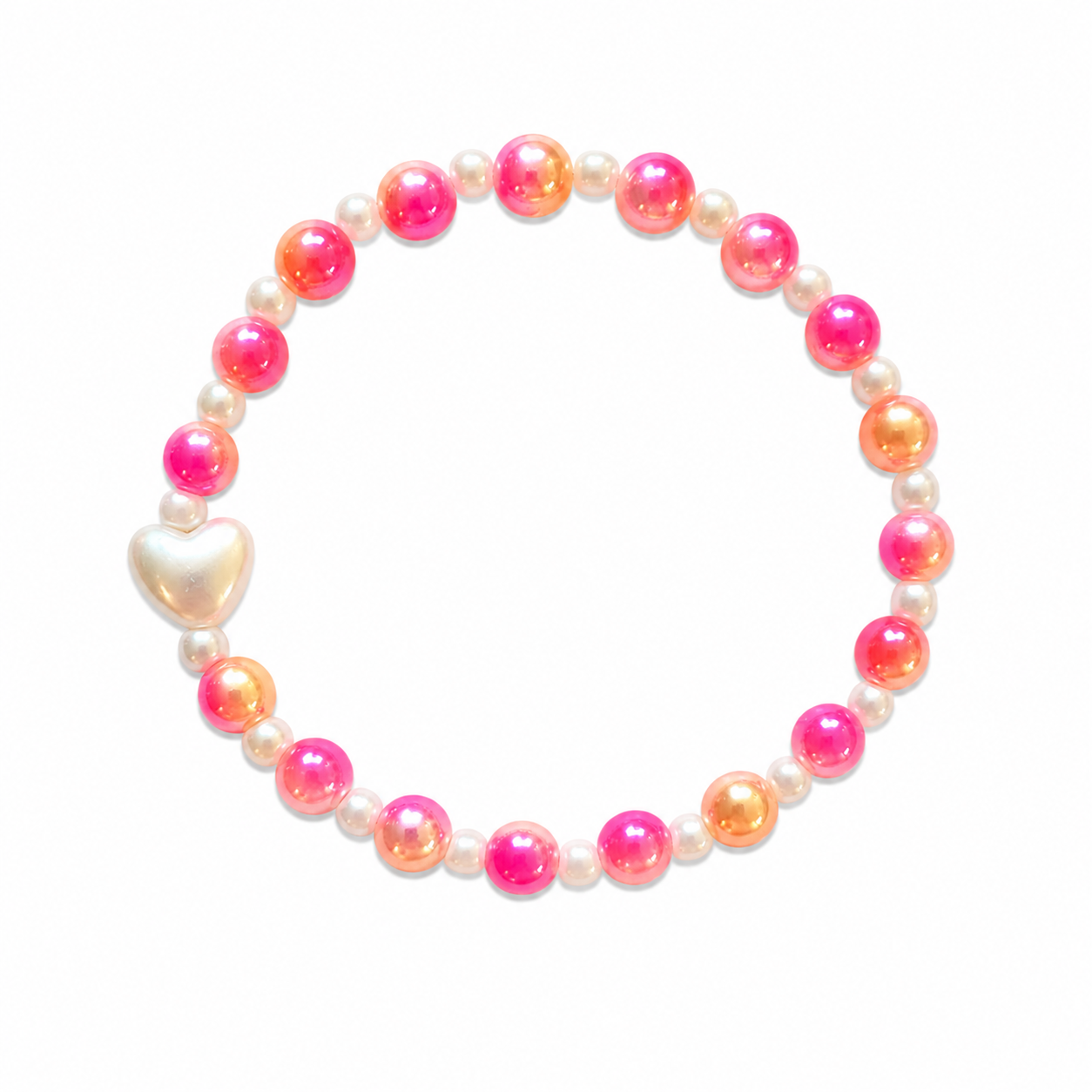 Peach Blossom Bracelet - hot pink and peach beads with white pearl seed beads and a heart charm