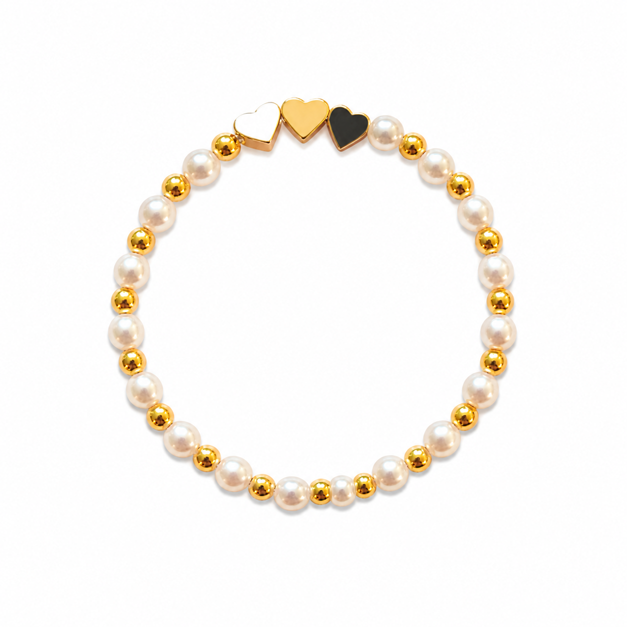 Love Trio Bracelet - pearl and gold beads with white, gold and black heart charms