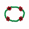 Poppy Field Bracelet - green barrel beads with four red flower charms and black centres