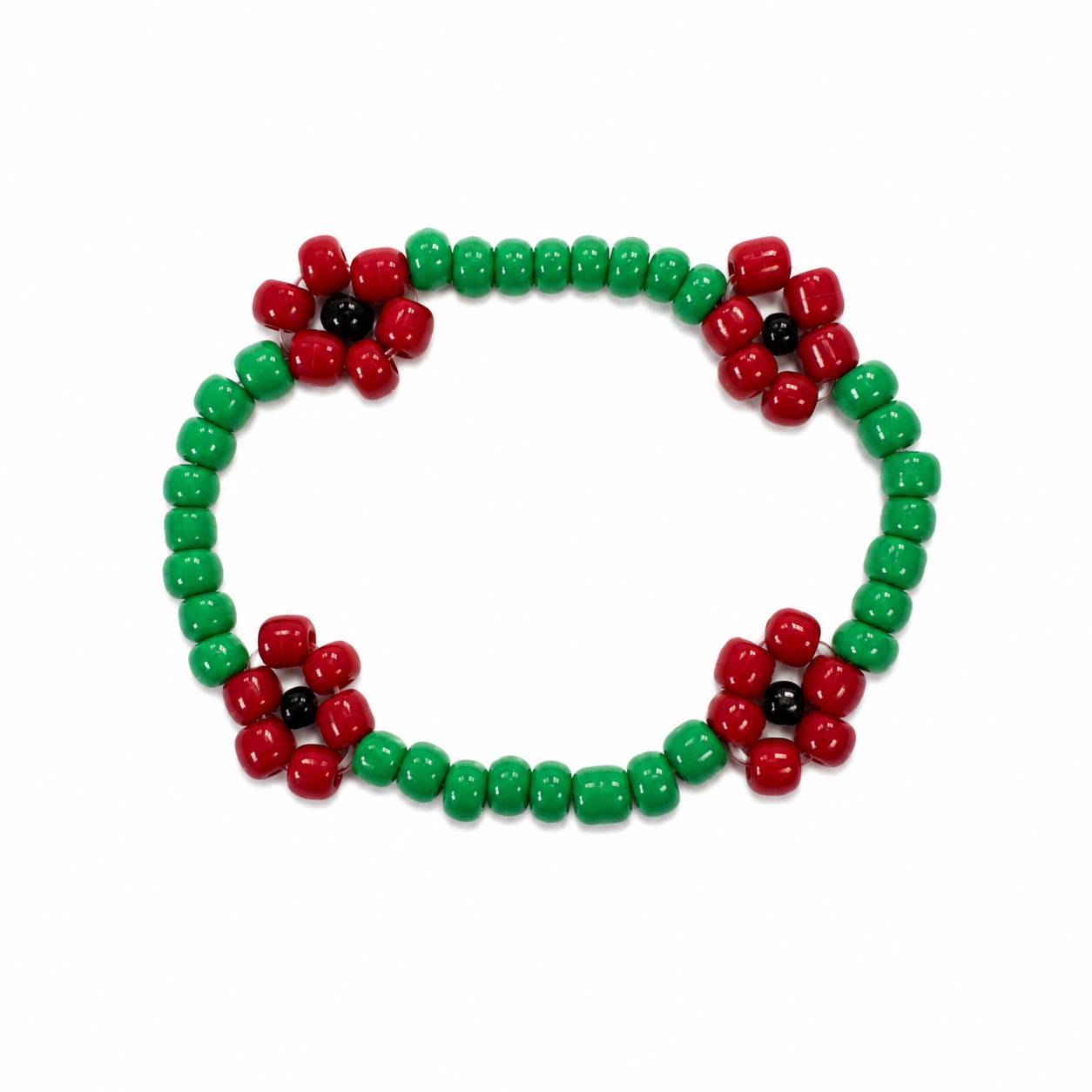 Poppy Field Bracelet - green barrel beads with four red flower charms and black centres