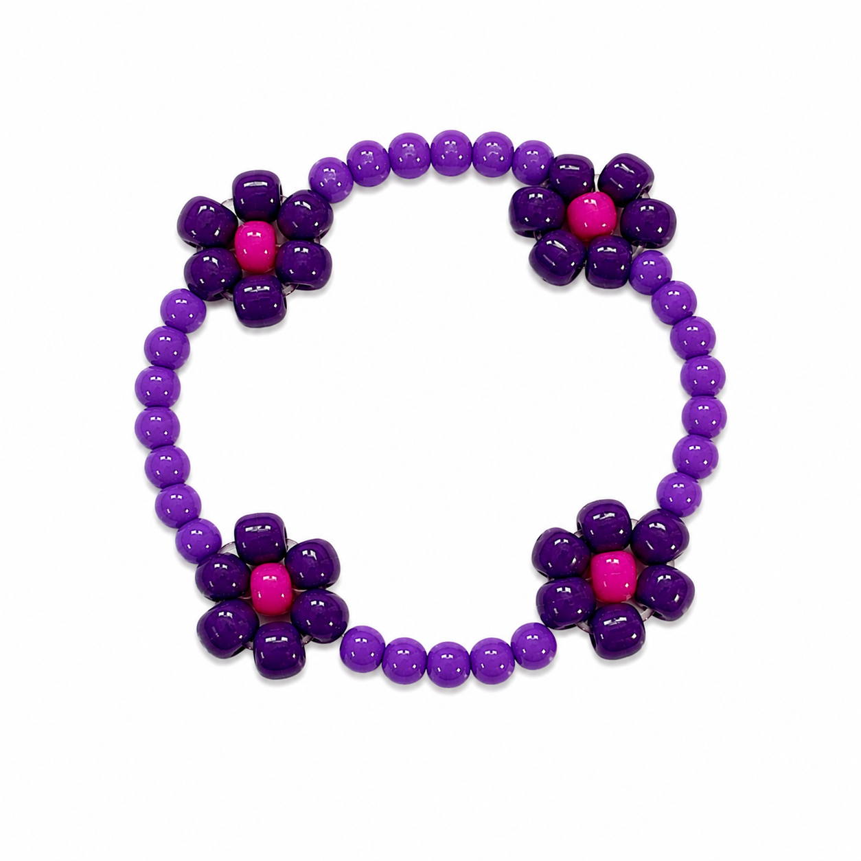 Perfectly Purple Bracelet - purple beads with four deep purple flower charms and hot pink centres