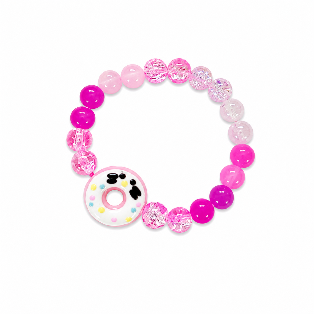 Donut Worry Bracelet - hot pink and soft pink crackle beads with a donut charm