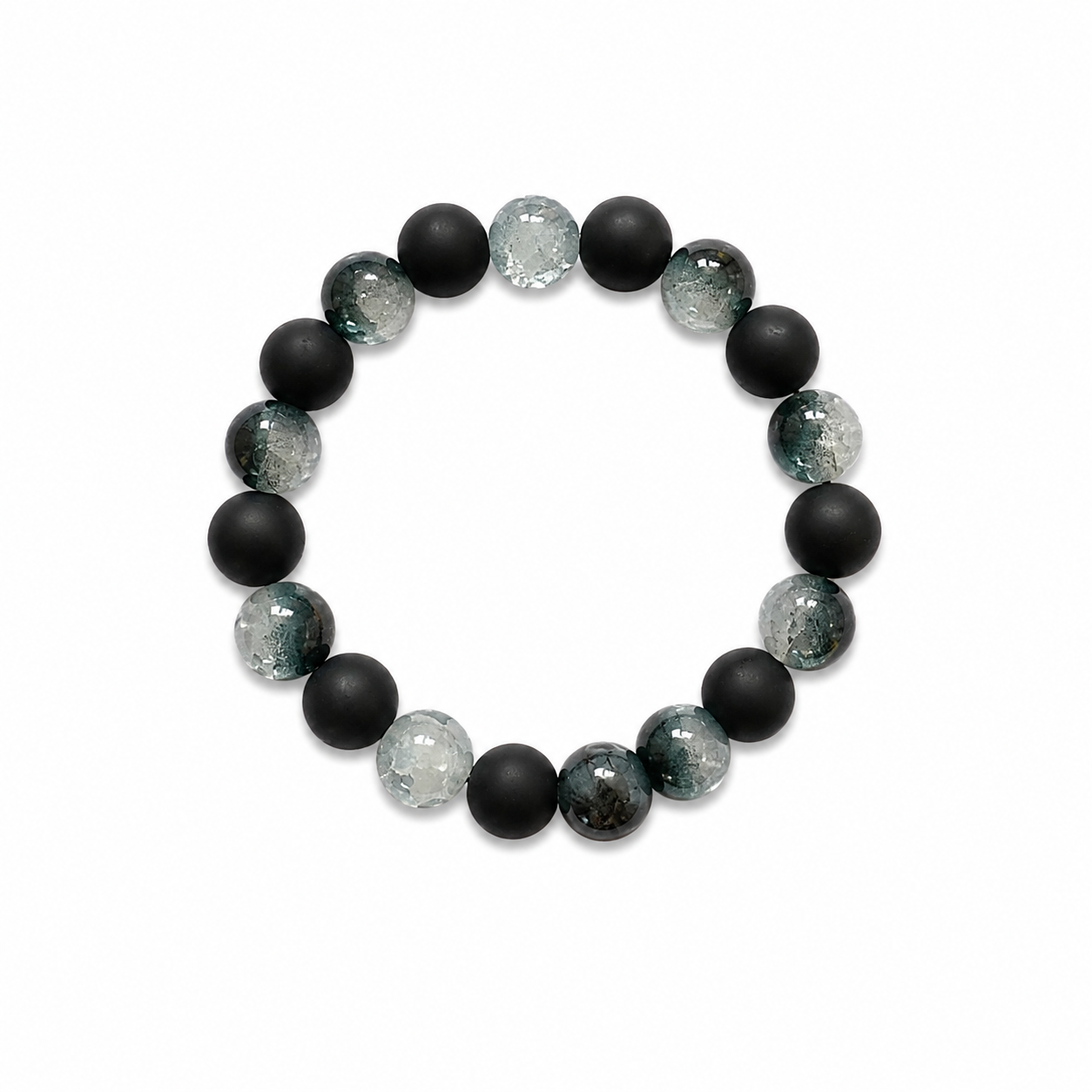 Black Ice Bracelet - matte black beads alternating with dark green and silver crackle beads