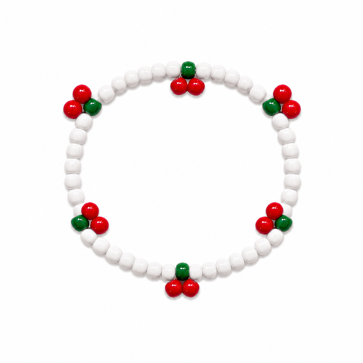Wild Cherry Bracelet - white beads with red and green cherry cluster accents