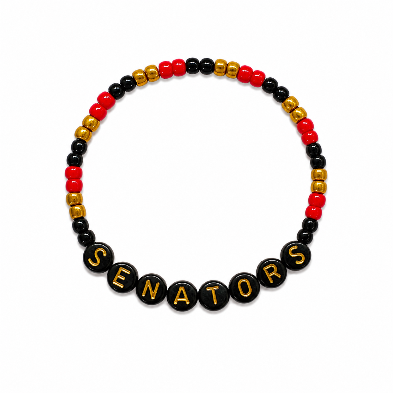 Sens Nation Bracelet with red, black, and gold beads and SENATORS letter beads