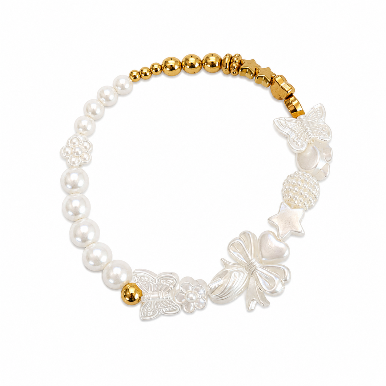 Fairytale Bracelet with pearl and gold beads and white butterfly, bow, star, heart and flower charms